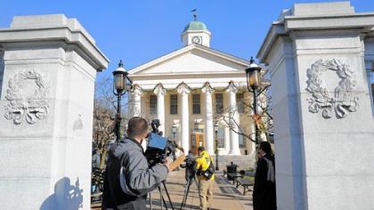 On Monday, television crews film the exterior of the Centre County Courthouse in Bellefonte, site of today's Sandusky hearing.