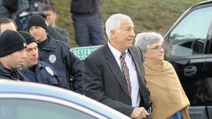 Jerry Sandusky and his wife, Dottie, arrive Tuesday at the Centre County Courthouse for his preliminary hearing.