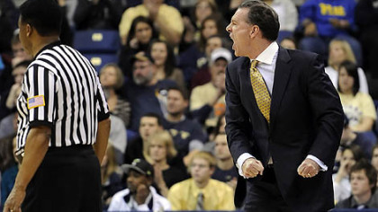 Pitt head coach Jamie Dixon argues a call as his team takes on Wagner in the first half Friday night.