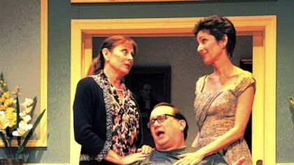 Teddy, portrayed by Martin Giles, blathers uncomprehendingly as his British wife, played by Helena Ruoti, left, and French fling, Nike Doukas, face off on this unlikely field of amatory battle in the "House" half of "House & Garden" at Pittsburgh Irish & Classical Theatre.