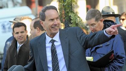 Joseph Amendola, the defense attorney for accused child sex abuser Jerry Sandusky, speaks to reporters on the front lawn of the Centre County Courthouse in Bellefonte.
