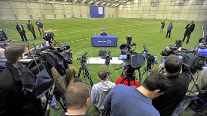 Penn State football interim head coach Tom Bradley speaks during the TicketCity Bowl news conference in University Park. Bradley interviewed to keep the job on a permanent basis but doesn't know when the school might reach a decision.