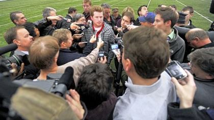 Penn State quarterback Matt McGloin speaks with reporters Monday in University Park. McGloin suffered a concussion in a scuffle Saturday with teammate Curtis Drake in the locker room and has not been medically cleared to return.