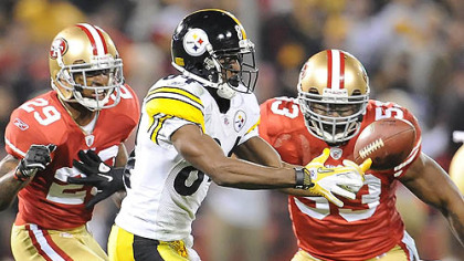 The ball is just out of reach for wide receiver Antonio Brown in tonight's game against the 49ers at Candlestick Park.