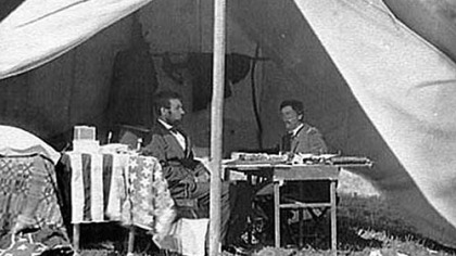 President Lincoln visits with Union Gen. George McClellan at his headquarters on Oct. 4, 1862.