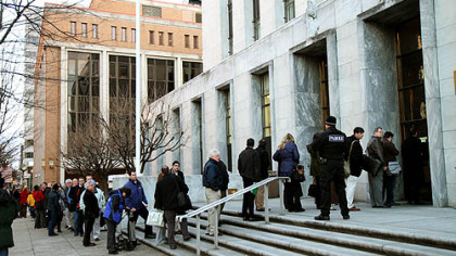 Media and spectators line up at the Dauphin County Courthouse in Harrisburg.