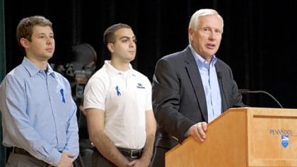 Penn State president Rodney Erickson, right, gives his opening remarks Wednesday during a town hall forum organized by students at the university's main campus in State College. With him are T.J. Bard, president of the University Park Undergraduate Association, and Peter Khoury, president of The Council of Commonwealth Student Governments.