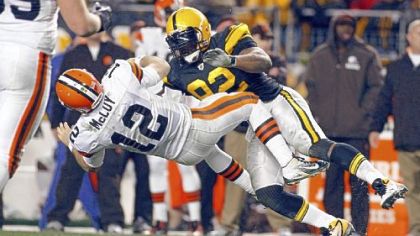 James Harrison delivers the hit in question to Colt McCoy during Thursday night's game at Heinz Field.