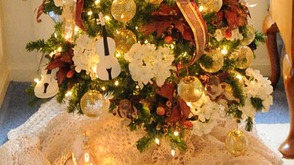 Angels, violins and gold tree by Celine Wilson.