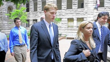Benjamin Cope, 21, center - pictured leaving the courthouse after being found guily of involuntary manslaughter - was 20 when he drove his black Toyota 4Runner up Beadling Road, when, prosecutors said, he failed to stop at a stop sign, hitting Lisa Clay Styles.