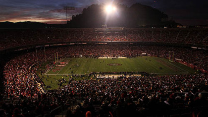 Candlestick Park is dimly lit during a power outage Monday before the game between the 49ers and Steelers in San Francisco.