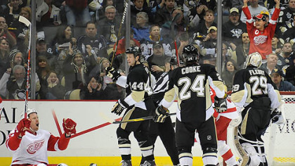 Red Wings Johan Franzen celebrates after scoring the go ahead goal in the third period against the Penguins.