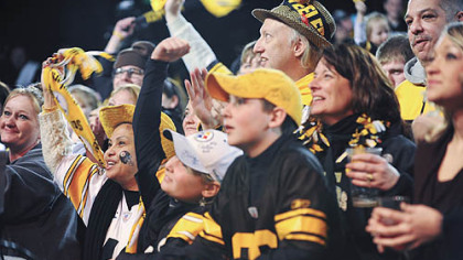 Fans root for the Steelers during a live show on KDKA-TV at Stage AE on the North Side on Jan. 22, 2011.