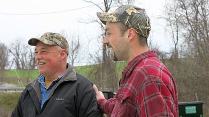 Robert Guffey Sr, 49, and his son, Bobby Guffey, 22, stand outside a construction job in Elizabeth Township.