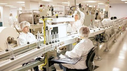 The quality control station on the syringe assembly line at Medrad's plant in Clinton.