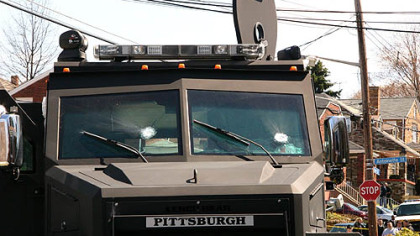 Richard Poplawski told police that he thought he had shot and killed the driver and passenger in this SWAT team vehicle. However, the slug didn't penetrage the bullet-proof glass.
