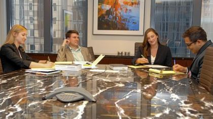Summer associates at Cohen & Grigsby who are working on a new project to learn law firm business development are, from left, Andrea Bottorff, a student at the University of Pittsburgh School of Law; Alex Lacey, of the University of Michigan School of Law; Julie Patter, of the University of Virginia School of Law; and Aman Kakar, of the University of Pittsburgh School of Law.