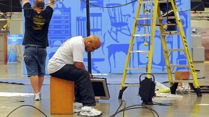 Production crews work on the set of "Antiques Roadshow" at the David L. Lawrence Convention Center.