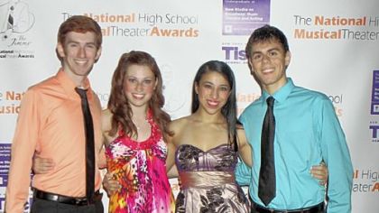 Competing in the National High School Musical Theater Awards at Broadway's Minskoff Theatre were, from left, Kelly Award winners Luke Halferty of Bloomfield and Kirsten Hoover of Ross, and Mancini Awards winners Bethany Angelica Menjivar of Ambridge and John Michael Taormina of Center.