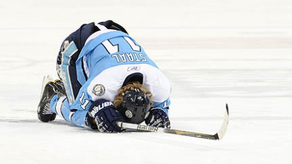 Penguins forward Jordan Staal is slow to recover to his feet after a collison with Wild defenseman Clayton Stoner.