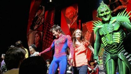 Patrick Page, right, Jennifer Damiano, second from right, Reeve Carney, second from left, and T.V. Carpio, left, react to audience applause during the curtain call for "Spider-Man: Turn Off the Dark" following the first preview performance of the revamped show at the Foxwoods Theatre in New York on May 12. The show is scheduled to open June 14.