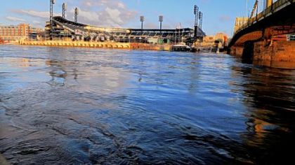 The high waters of the Allegheny River flow along the 10th Street Bypass last week. Public water suppliers in Pittsburgh and elsewhere in the region are concerned about higher levels of bromide in rivers and streams as natural gas drilling increases.