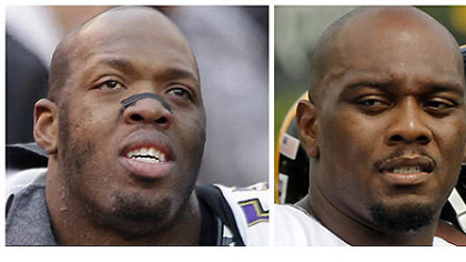 Ravens DE Terrell Suggs (left)and Steelers RT Flozell Adams