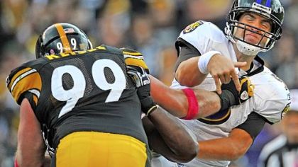 Brett Keisel pressures Ravens quarterback Joe Flacco Oct. 3 at Heinz Field.
