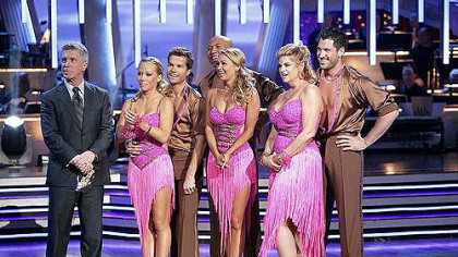 From left, host Tom Bergeron with Kendra Wilkinson, Louis van Amstel, Hines Ward, Kym Johnson, Kirstie Alley and Maksim Chmerkovskiy.