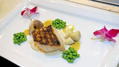 Chilean seabass with roasted cauliflower puree, curried peas and potatoes at Penn Avenue Fish Company.