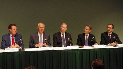 Officials from Highmark and West Penn Allegheny Health System, from left, Dr. Kenneth Melani, president and CEO, Highmark; J. Robert Baum, Highmark; David L. McClenehan, board chairman, WPAHS; Dr. Christopher Olivia, WPAHS; and Dr. Anthony Farah, chief medical officer, WPAHS.
