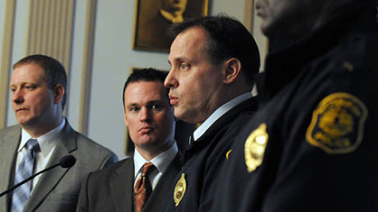 City of Pittsburgh Public Safety Director Michael Huss, Mayor Luke Ravenstahl, Assitant Chief William Bochter and police Chief Nathan Harper  address the media concerning security and changes in the traffic patterns for next Sunday during the Super Bowl.