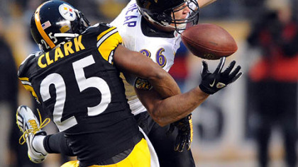 Steelers safety Ryan Clark breaks up a third down pass to Ravens tight end Todd Heap in the first quarter of tonight's game at Heinz Field.