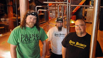 Penn Brewery brewers -- Nick Rosich (left), Steve Crist and Andy Rich -- model the brewery's new "Drink Local" shirts (on sale there for $15), as well as their brewer's beards (not for sale).