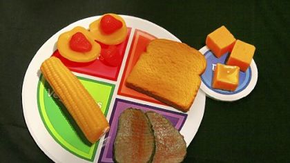 The new food icon: fruit, grains, protein, vegetable and dairy on the side.