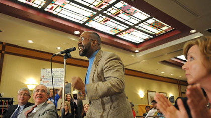 The Rev. David Thornton of Grace Memorial Presbyterian Church in the Hill gets fired up at a Marcellus Shale Town Hall meeting.