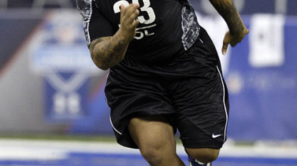 Center Maurkice Pouncey runs a drill at the NFL's scouting combine in Indianapolis, Feb. 27, 2010. The Steelers drafted Pouncey in the first round of last year's draft.