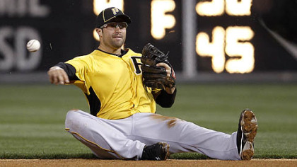 Pirates second baseman Neil Walker throws to first after fielding an RBI grounder by the Phillies' Jimmy Rollins, who was out at first, in the sixth inning of an exhibition game Tuesday in Philadelphia.