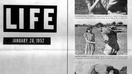 This page is from a 1952 Life magazine article about Betty Bennett, who became the youngest person to fly an airplane solo in 1952 at age 10. Her father, Al Bennett Sr., was an airplane salesman and flight instructor. Her brother, Al Bennett Jr., also flew solo, at age 11.