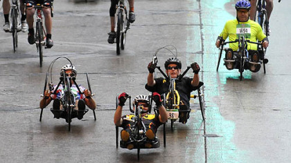 Racers in the wheelchair division participate in the 2011 Pittsburgh Marathon.