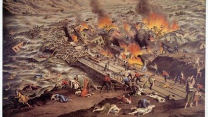 This chromolithograph of the Johnstown Flood of 1889 was published by Kurz and Allison, a Chicago firm famous for creating historically inaccurate prints of Civil War battles. In this scene, men are fully dressed while women are in their nightgowns even though the flood occurred shortly before 4 p.m.