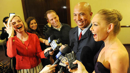 WTAE's Sally Wiggin shares a laugh with Hines Ward and Kym Johnson at the Art Rooney Awards April 7 at in Downtown Pittsburgh.