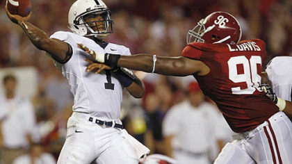 Penn State quarterback Robert Bolden is pressured by Alabama's Luther Davis durng a game at Bryant-Denny Stadium in Tuscaloosa, Ala. in September. Penn State lost to then top-ranked Alabama, 24-3.