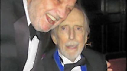Composer Charles Strouse, left, celebrates with Theater Hall of Fame honoree Fritz Weaver.