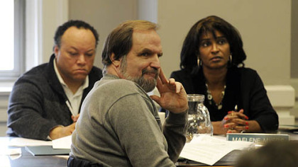 Page Thomas, Jim Costello and Maelene Myers of the city planning commission listen to statements about nominating the Civic Arena for historic status.