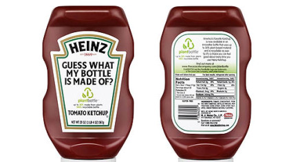 A promotional image for the new Heinz ketchup "PlantBottle."