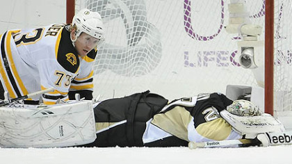 Boston has stunned the Penguins not once, but twice, this season. In the most recent instance ? Jan. 10 ? Marc-Andre Fleury lies prone in front of Bruins forward Michael Ryder after giving up the third of four Bruins goals in the final 3:23 of a 4-2 loss at Consol Energy Center.