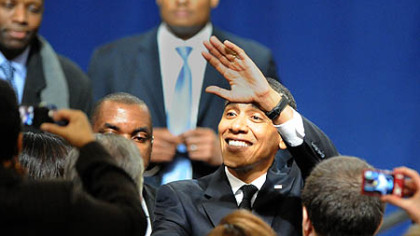 President Barack Obama greets the audience after delivering his speech about investing in innovation and clean energy as part of his plan to "Win the Future" at Penn State University on Thursday.