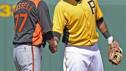 Pirates third baseman Pedro Alvarez greets ex-Pirates manager John Russell, currently with the Orioles, Monday.