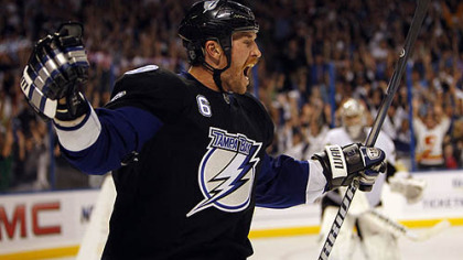 Lightning forward Ryan Malone celebrates a third period goal against the Penguins during Monday's game at the St. Pete Times Forum in Tampa, Fla.